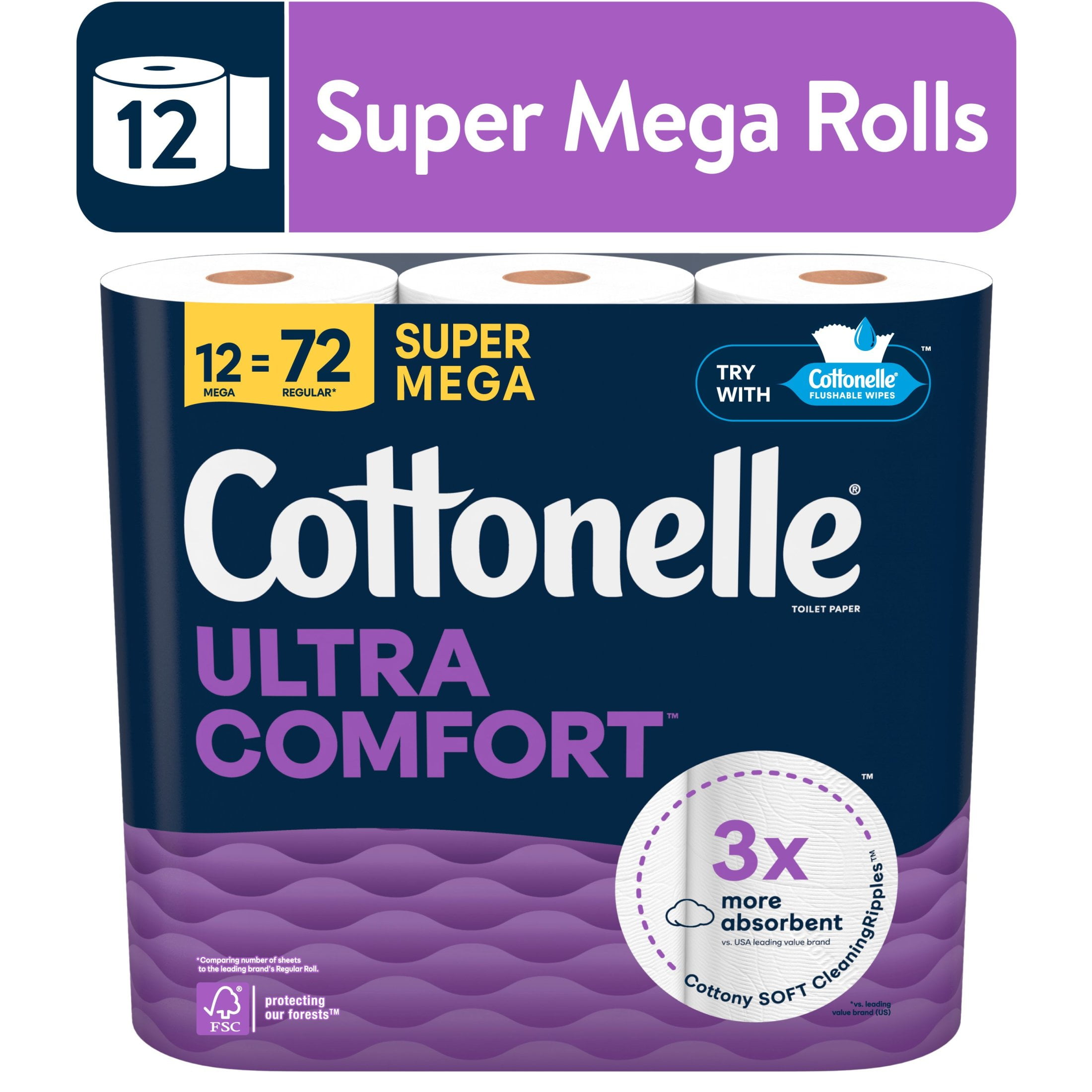 Cottonelle Ultra Comfort Toilet Paper, Soft Toilet Tissue, 12 Super Mega Rolls