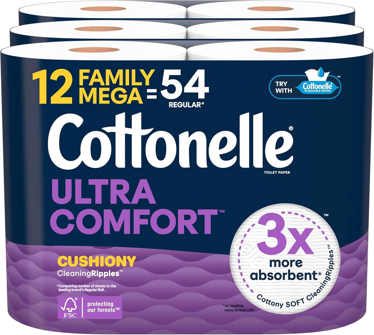 Ultra Comfort Toilet Paper with Cushiony CleaningRipples Texture, 12 Family Mega Rolls = 54 Regular Rolls