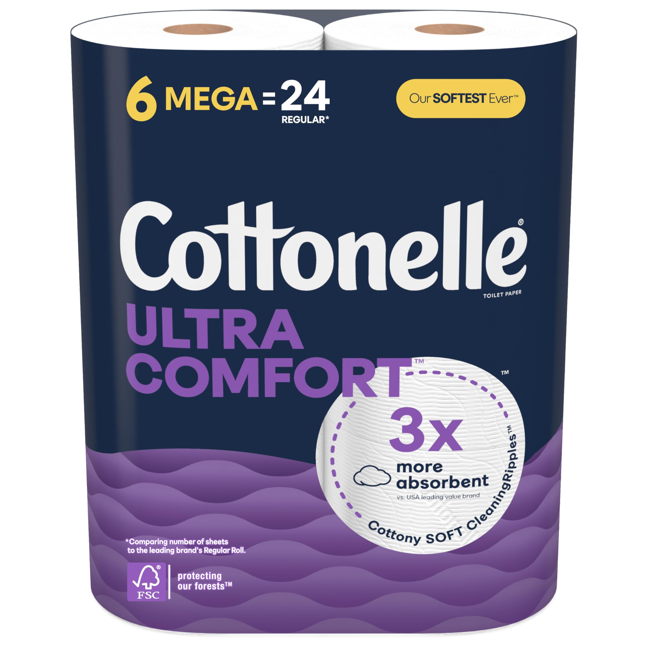 Cottonelle Ultra Comfort Toilet STF9 Paper, 6 Mega Rolls (6 Mega Rolls = 24 Regular Rolls), 244 Sheets per Roll, Packaging May Vary