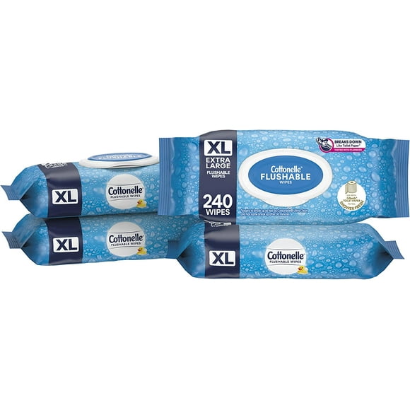 Cottonelle XL Flushable Large Adult Wet Wipes, 4 Flip-Top Packs, Flushable Hypoallergenic Wipes - 240 Total (4 Packs of 60)