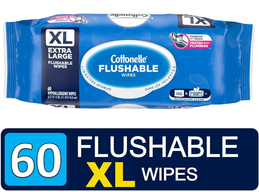 Cottonelle XL Flushable Wet Wipes Flip-Top Packs - 8 Packs, 60 Wipes Per Pack, 480 Total Flushable Wipes