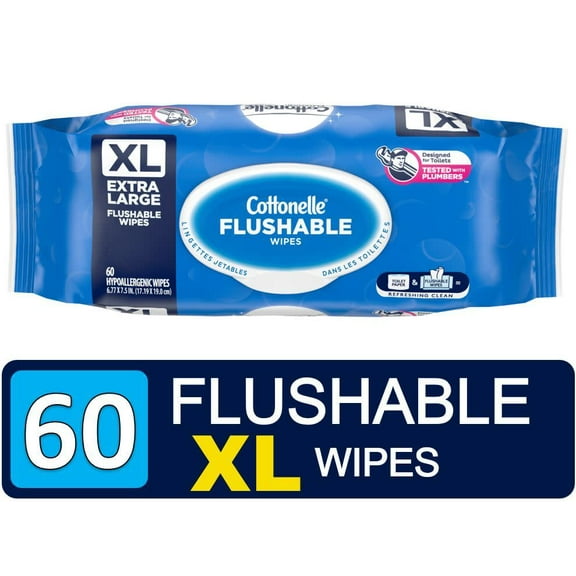 Cottonelle XL Flushable Wet Wipes Flip-Top Packs - 8 Packs, 60 Wipes Per Pack, 480 Total Flushable Wipes