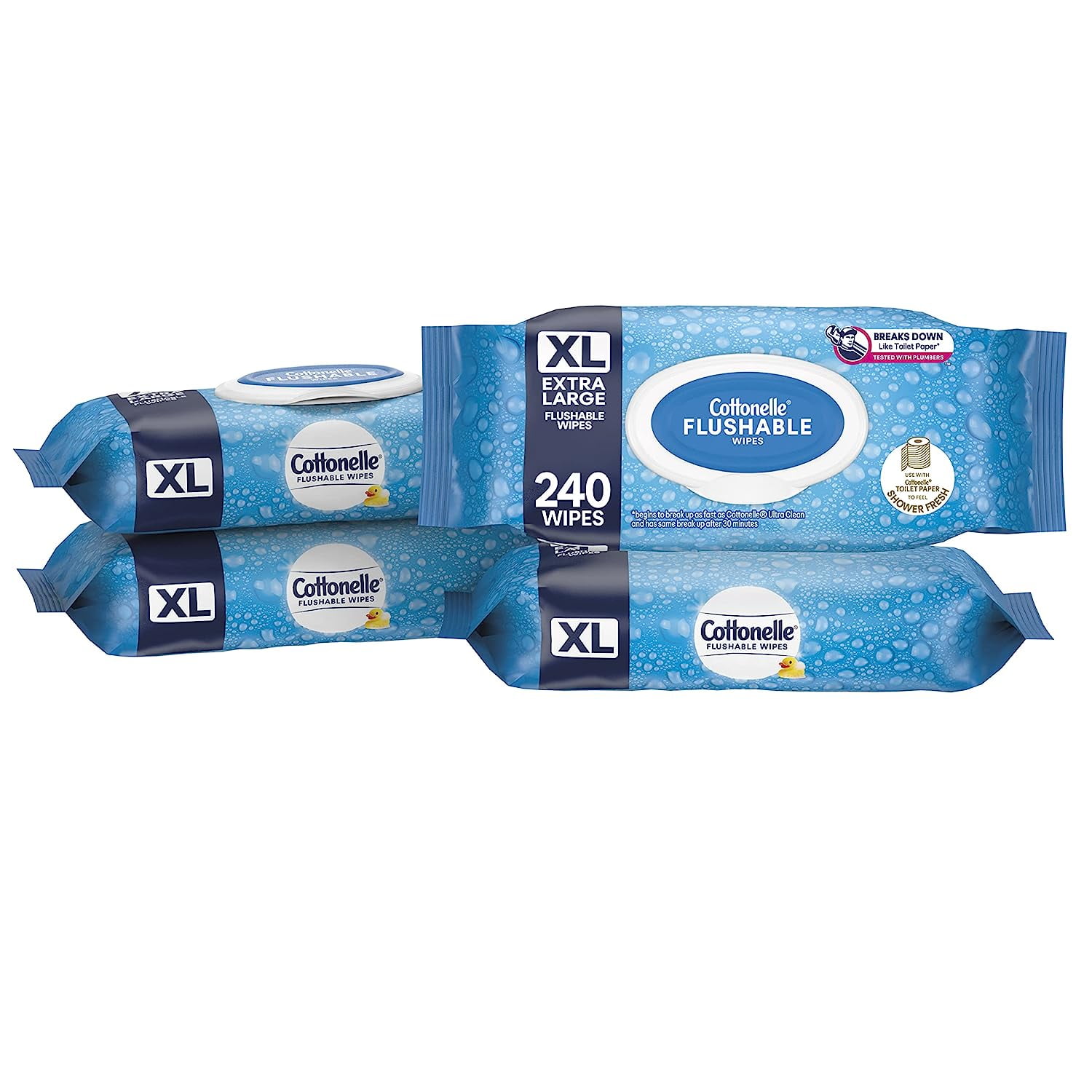 Cottonelle XL Flushable Wipes, Extra Large, 4 FlipTop Packs, 60 Wipes