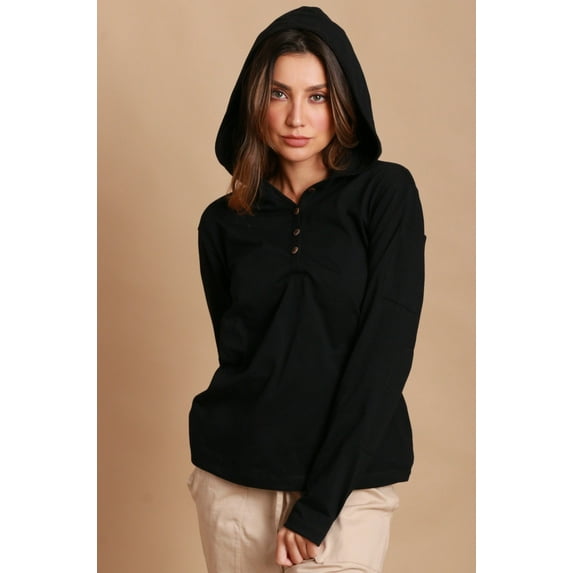 Cottonique Women's Jersey Pullover Hoodie with Built-in Sleep Eye Mask Size: 4 | Color: Black