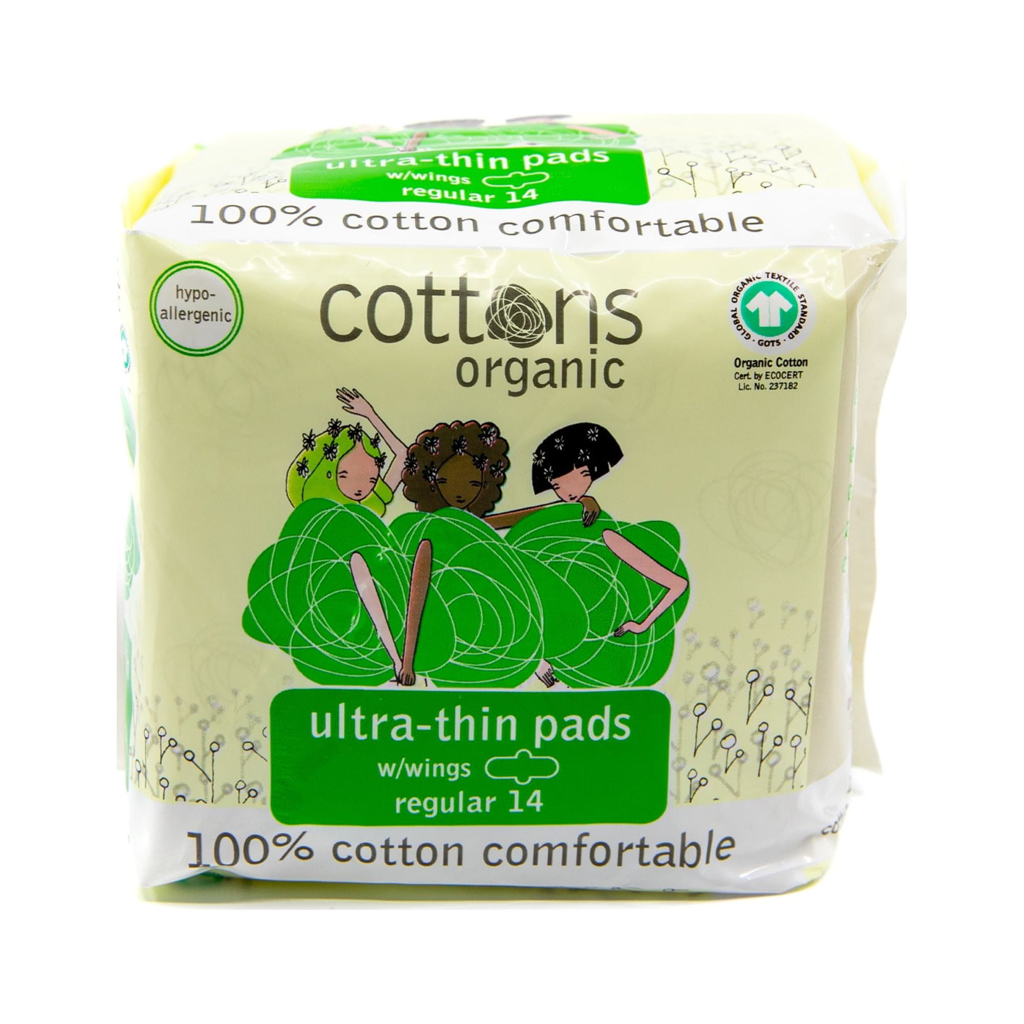 Cottons Organic UltraThin Feminine Pads for Women with Wings 56Individually Wrapped