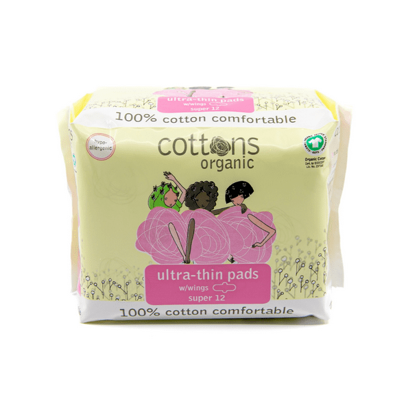 Cottons Organic | Ultra-Thin Pads with Wings | 12-Individually Wrapped | Super Absorbency (1 Pack of 12)