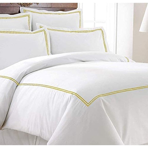 Cottons Quilt Cover Set Solid 1 Duvet Cover & 2 Pillow Shams 600 Thread Count (TwinTwin XL, Yellow in Embroidery Border)