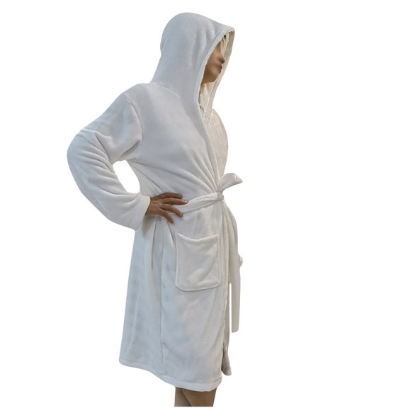 Cottons Robe Women Women's Fleece Hooded Bathrobe Plush Long Warm Nightgown Flannel Kimonos Robes Soft Warm Sleepwear with Pockets S-8 White M