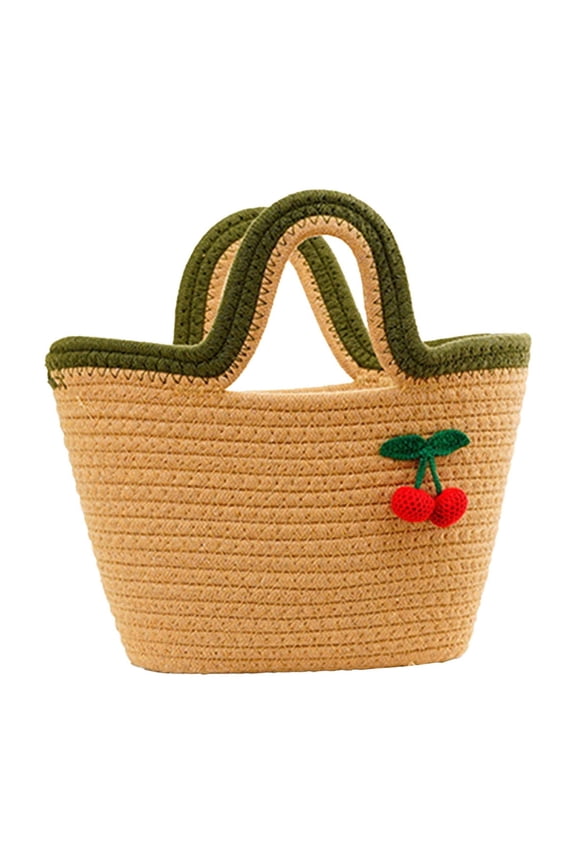 Cottons Rope Woven Bag with Cherrys Cute Beach Tote Bag Large Capacity Storage Bag Suitable for Daily Commuting Cute Cotton Woven Beach Boho Bags for Princess, Outdoor Activities, Gift