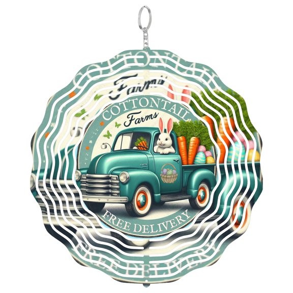 Cottontail Farms Easter Delivery Truck 3D Wind Spinner, Stainless Steel Vintage Spring Art, Round