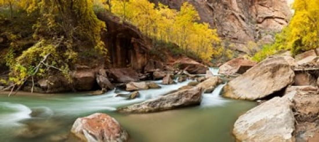 Cottonwood trees and rocks along Virgin River Zion National Park Springdale Utah USA Canvas Art - Panoramic Images (15 x 7)