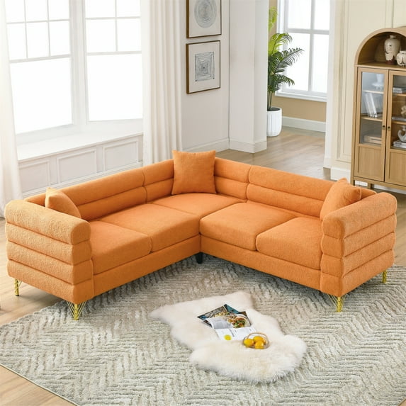 Couch, 5-Seater Sofa with 3 Cushions, 81.5-Inch Oversized Corner Sofa Couch, L-Shaped Sectional Sofas with Golden Legs for Living Room Bedroom Apartment Office, Orange
