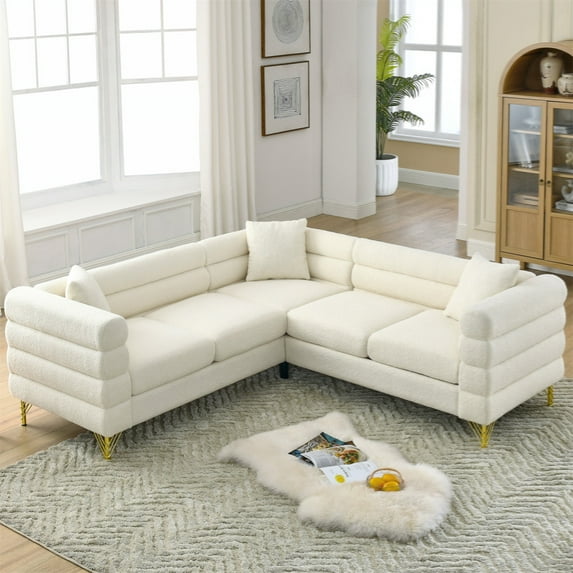 Couch, 5-Seater Sofa with 3 Cushions, 81.5-Inch Oversized Corner Sofa Couch, L-Shaped Sectional Sofas with Golden Legs for Living Room Bedroom Apartment Office, White