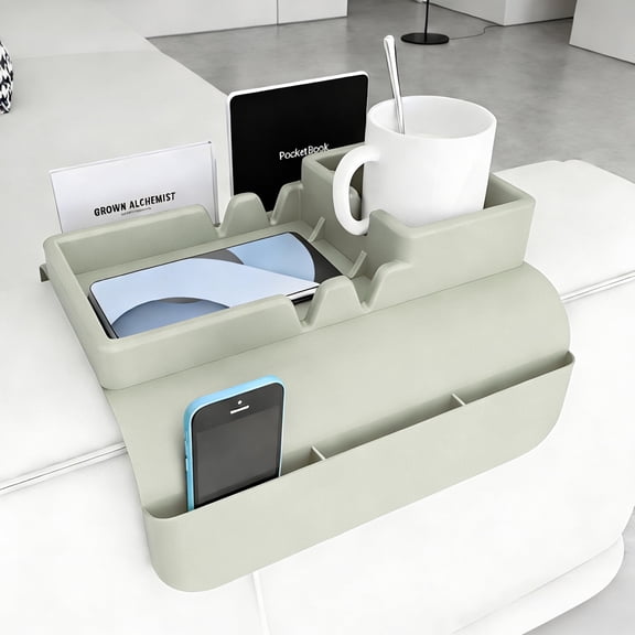 Couch Arm Cup Holder - Silicone Sofa Armrest Tray with 5 Side Pockets, Anti-Slip Armrest Recliner Armchair Caddy, Sofa Table Organizer for Drinks Tablet Remote Snacks Cellphone Cup (Grey)