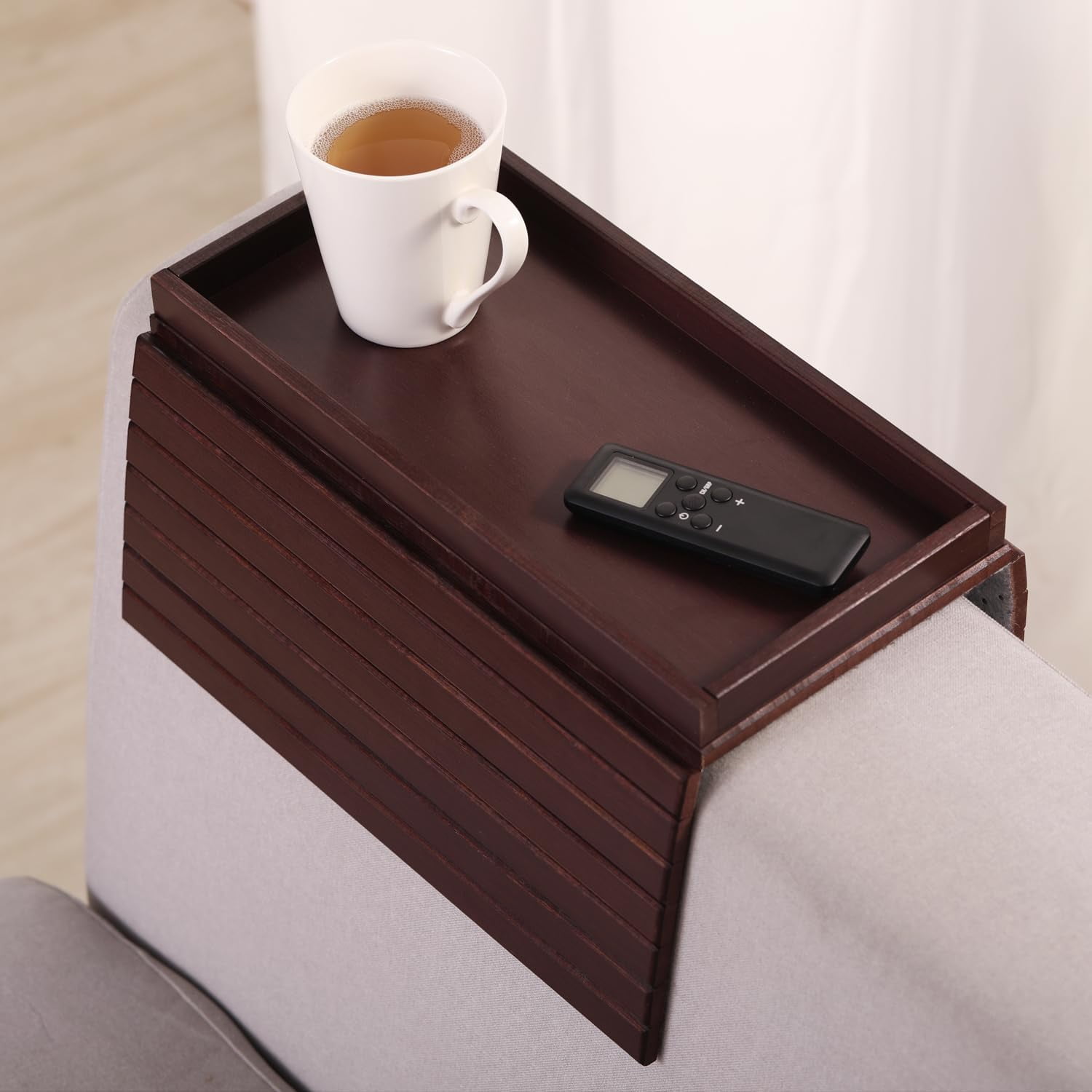 Couch Hacks, Foldable Bamboo Tray With Cup Holder, Couch Arm Table Tray, Bamboo Cup Holder For