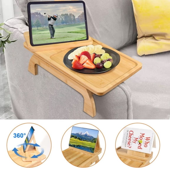 Couch Arm Table,Bamboo Sofa Arm Tary Table with Phone Holder, Clip on Arm-Rest Tables for Couch Armrest Table, Sofa Armrest Tray for Living Room, Foldable Side Tables Serving Trays for Eating&Drinkin