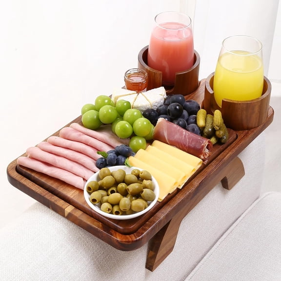 Couch Arm Table with Cheese Board, 4 in 1 Large 15.7"x9.85" Acacia Wood Sofa Arm Clip on Tray with 360 Rotated 2 Cup Holder & Phone Holder & Knife Fork on Armrest