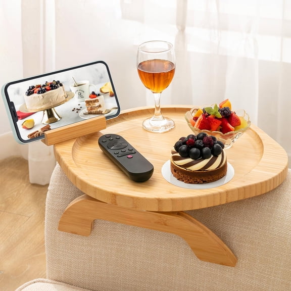 Couch Arm Table,Large Sofa Clip Tray Tables with 360? Phone Holder,Foldable Couch Armrest Table, Folding Snack Eating Drink Armrest