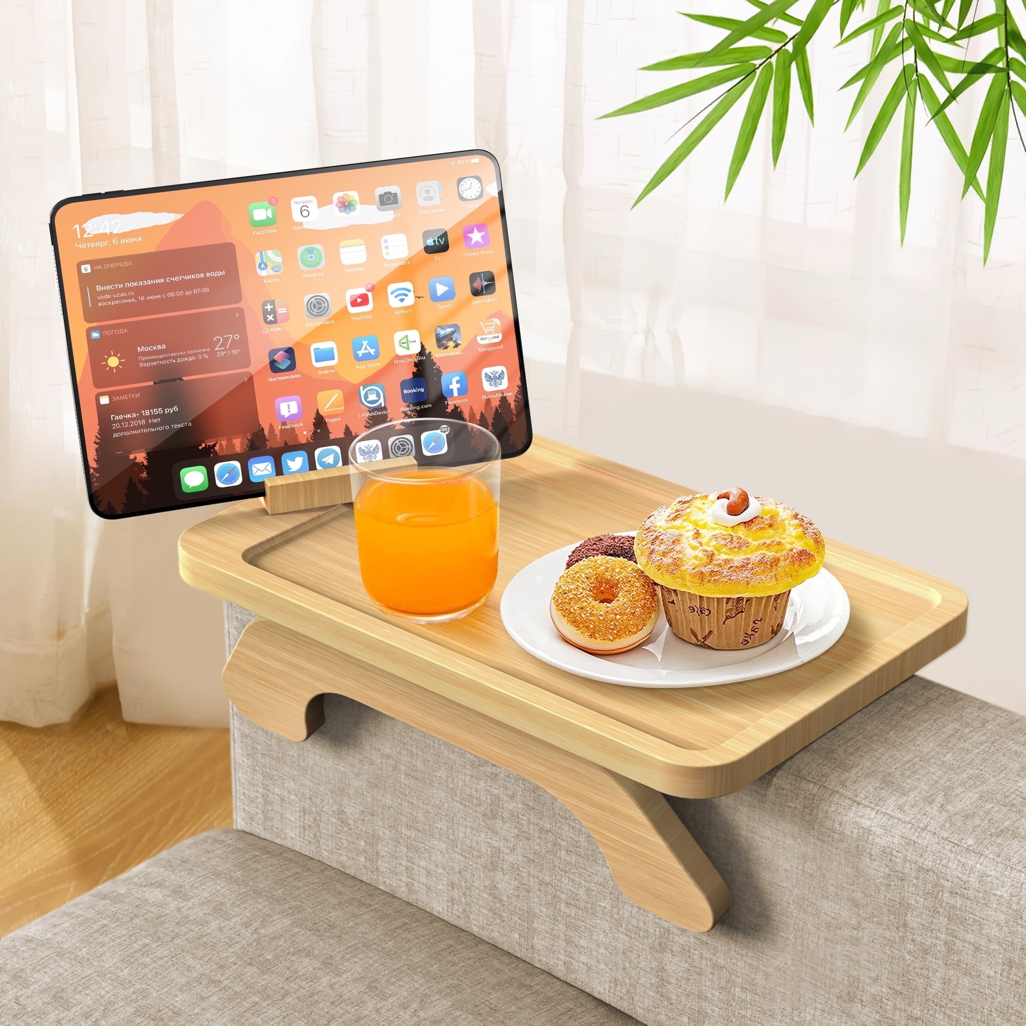 Couch Arm Table, Sofa Arm Tray Clip On Tray Sofa Table for Couches, Bamboo Sofa Arm Table with 360Phone Holder, Foldable Couch Tray for TV Dinners, Remotes, Drinks and Snacks