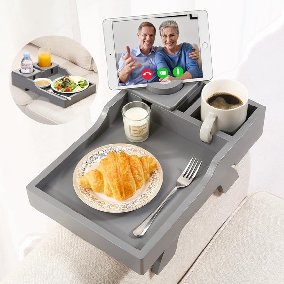 Couch Arm Table Tray, 15.3" x 9.8" Large Bamboo Cup Holder for Couch Storage, Adjustable Sofa Arm Clip Tray Side Table with Rotated Phone Holder