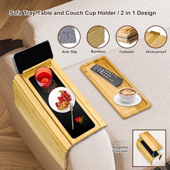 Couch Arm Tray 2-In-1 Magnetic Detachable Sofa Arm Tray Table With Phone Or Tablet Holder Couch Cup Holder Tray, Foldable Sofa Armrest Tray For Eating, Drinks, Couch Arm Table Tray Couch Tray For Arm