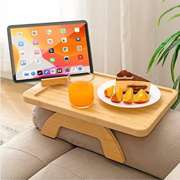Couch Arm Tray,Bamboo Sofa Clip on Side Table,Foldable Couch Armrest Table with 360° Phone Holder,Food Trays for Eating/Drinks/Snacks/Remote