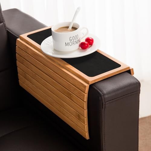 Couch Arm Tray Table, Flexible/Foldable Sofa Armrest Tray, Couch Armrest Table Cup Holder Great for Drinks Snacks Remote Control, Portable Side Table and Anti-Slip Bottom