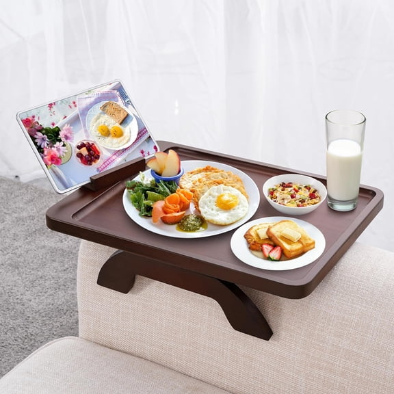 Couch Arm Tray Table, Large Space 15.75"x 11.8" Bamboo Couch Armrest Table with 360 Rotating Phone Holder,Foldable Sofa Armrest Tray for Eating Snacks Drinks Remote Books