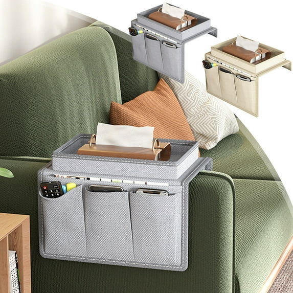 Couch Armrest Organizer with 5 Pockets - Sofa Caddy, Bedside Storage for Remote, Phone, Tablet, Books - Oxford Fabric, Beige, 31x19x3.5cm - Hanging Pocket Bag for Chair, Bed, Sofa