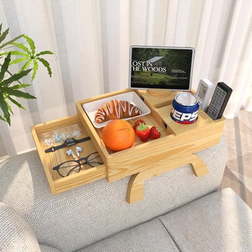 Couch Armrest Table, 7-in-1 Sofa Arm Tray with Drawer, Clip-On Side Table for Wide Armrest - TV Trays for Sofa Table, Cup Holder, Phone & Remote Control, Eating, Drinks, Snacks Storage