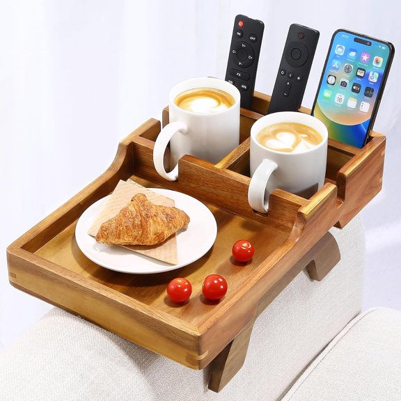 Couch Armrest Table, Acacia  Sofa Arm Table with 2 Cup Holders, 15.4"x9.8" Large Foldable Clip  Couch Arm Tray Table with Remotes Storage Slot