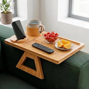 Couch Armrest Table with Cup Holder, 4-in-1 Bamboo Sofa Arm Tray with 360 Phone Holder, Non-Slip Clip-on Armrest Tray for Drinks, Snacks, Remote Control, Extra Large Arm Table Tray