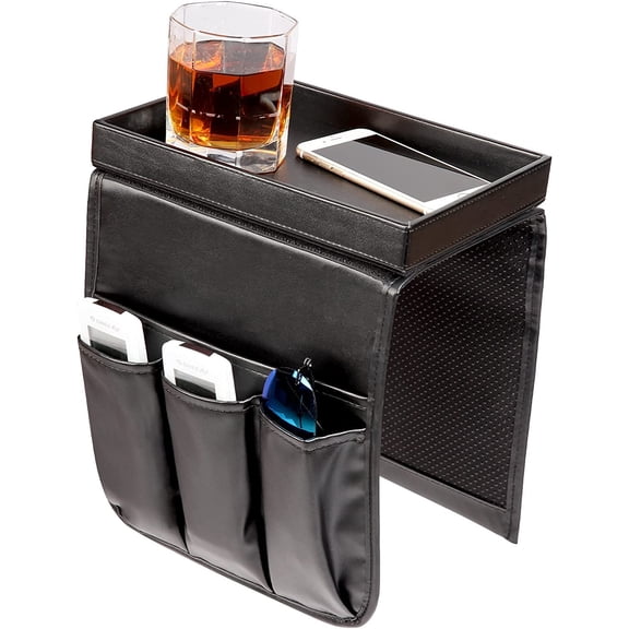 Couch Caddy, Armchair caddy with Detachable Tray, Non-Slip PU Leather Remote Control Holder for Recliner with 5 Pockets (Black)