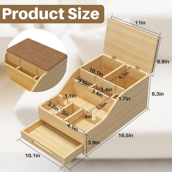 Couch Caddy with Cup Holders, Multi-Use Sofa Table with Flip Top Push-Pull Drawer, Sturdy Pine Wood Hold Hands Couch Cup Holder for Car, Living Room, Bedroom, Vanity