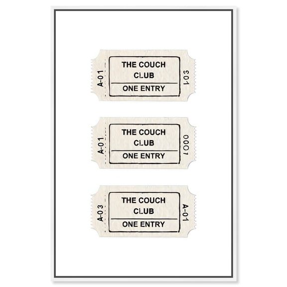 Couch Club Ticket Canvas Print Typography Art Print by Art Remedy, White Frame, 16 x 24
