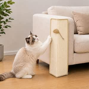 Couch Corner Protectors for Cats,23.6" Sisal Cat Scratching Post with Toy | Natural Wood, Stable Metal Base,Hanging Mouse, Couch Corner Cat Scratcher for Sofa Couch, Table Corner Furniture Protection