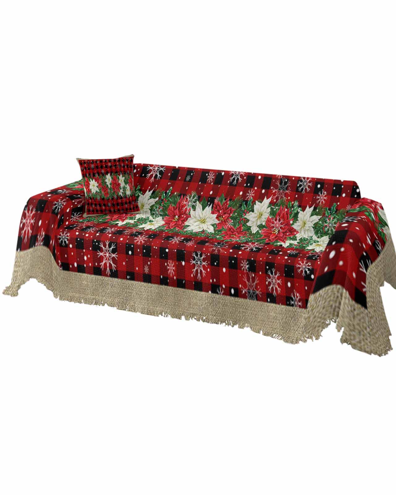 Couch Cover for 3 Cushion Cover, Christmas Flowers Farmhouse Red Black