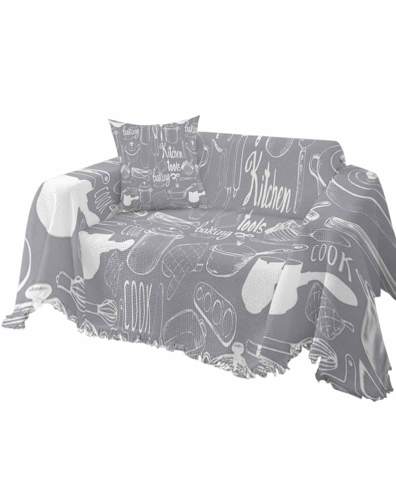Couch Cover for 3 Cushion Cover, Stick Drawings Kitchen Utensils on