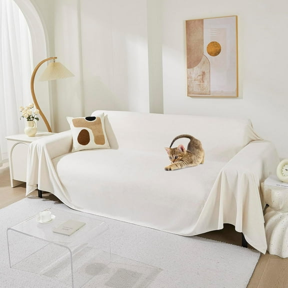 Couch Cover for 3 Cushion Sofa Washable, Cat Scratch Proof Sofa Covers, Furniture Protector L Shape Sofa Slipcovers Soft Sectional Couch Covers for Dogs, 71" x 134", Creamy White