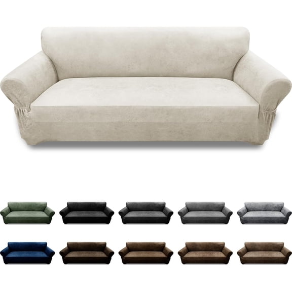 Couch Cover Leather Look 3 Seater Couch Sofa Cover 1-Piece Sofa Slipcover Stretch Furniture Protector with Elastic Bottom & Pockets(Sofa, Beige)