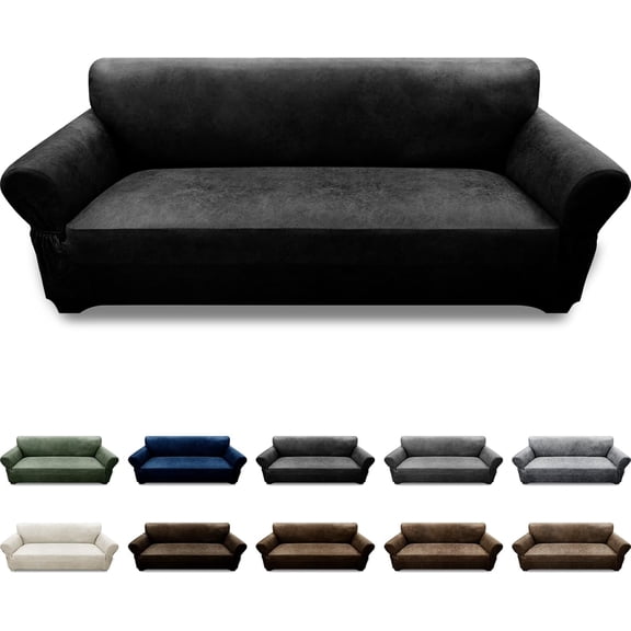 Couch Cover Leather Look 3 Seater Couch Sofa Cover 1-Piece Sofa Slipcover Stretch Furniture Protector with Elastic Bottom & Pockets(Sofa, Black)