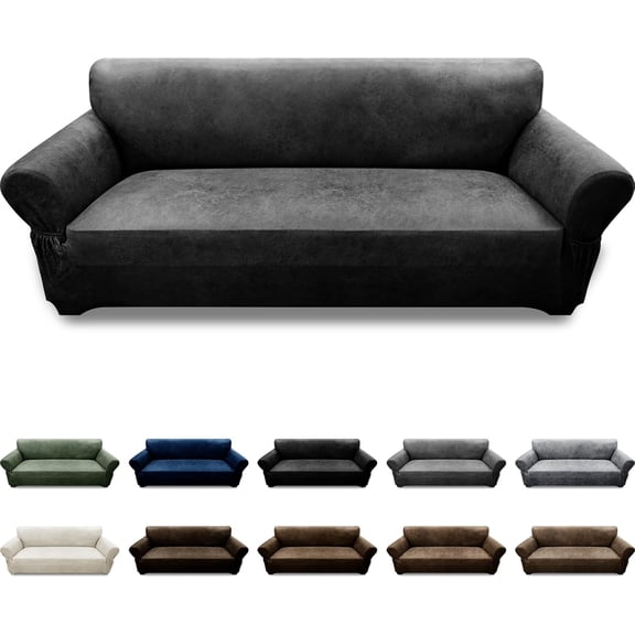 Couch Cover Leather Look 3 Seater Couch Sofa Cover 1-Piece Sofa Slipcover Stretch Furniture Protector with Elastic Bottom & Pockets(Sofa, Dark Grey)
