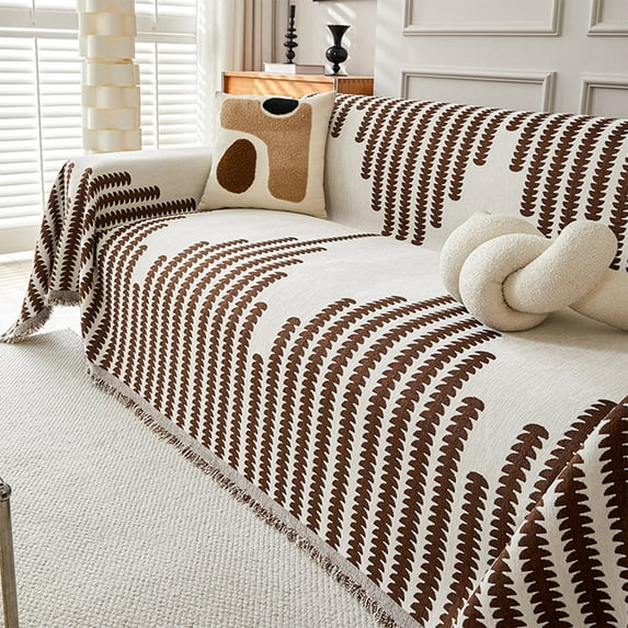 Couch Cover Sofa Covers Cushion with Tassel for Winter, Slipcovers Line Pattern Couch Covers, Warm & Non-Slip Seat Pad Home Decor for Living Room, Cozy Support for Sectional Couches(Brown)