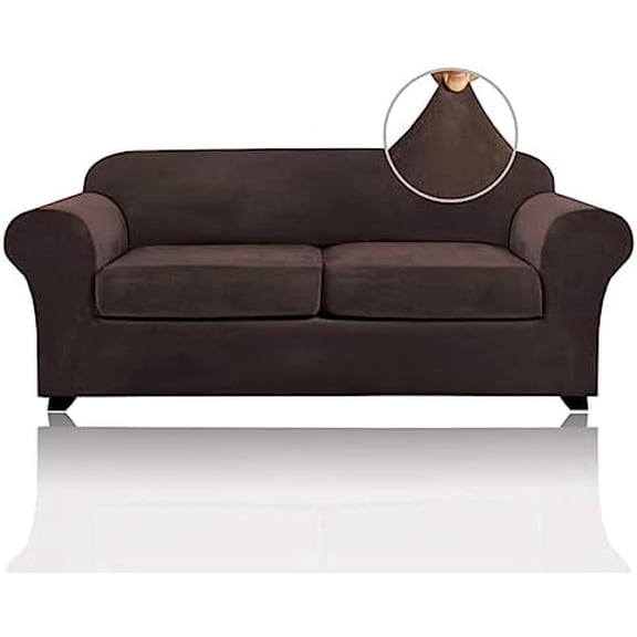 Couch Cover Velvet Plush Sofa Covers for 2 Cushion Couch Width Up to 90 Inch Washable Furniture Protector Pet Friendly No Slip Sofa Slipcover(Medium-Large, Brown)