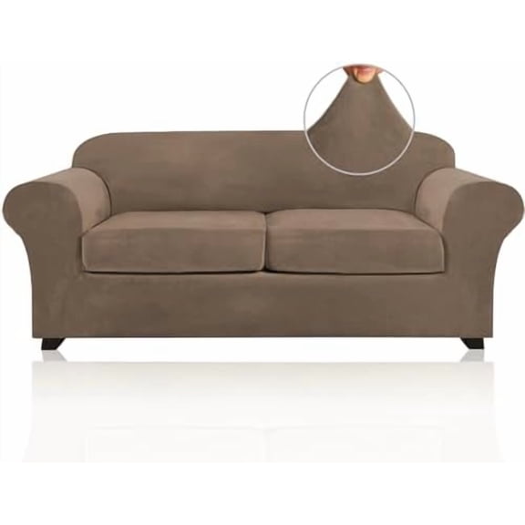 Couch Cover Velvet Plush Sofa Covers for 2 Cushion Couch Width Up to 90 Inch Washable Furniture Protector Pet Friendly No Slip Sofa Slipcover(Medium-Large, Mocha)