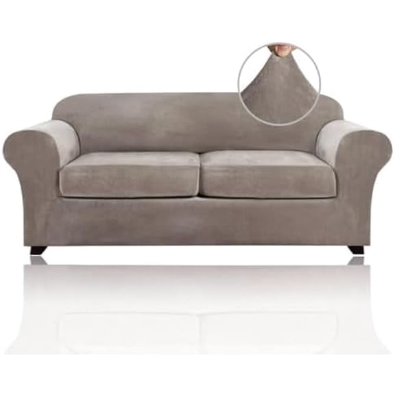 Couch Cover Velvet Plush Sofa Covers for 2 Cushion Couch Width Up to 90 Inch Washable Furniture Protector Pet Friendly No Slip Sofa Slipcover(Medium-Large,Taupe)