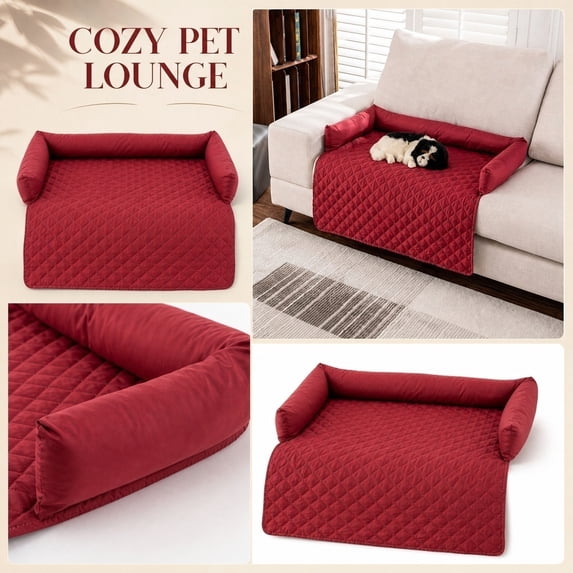 Couch Covers for Dogs and Cats, Fuzzy Dog Sofa Bed with Cream Square Plaid, Plush Pet Couch Cover Bed, Thickened Quilted Furniture Protector Mat for Large Medium Pets(29.5"*47",Red)