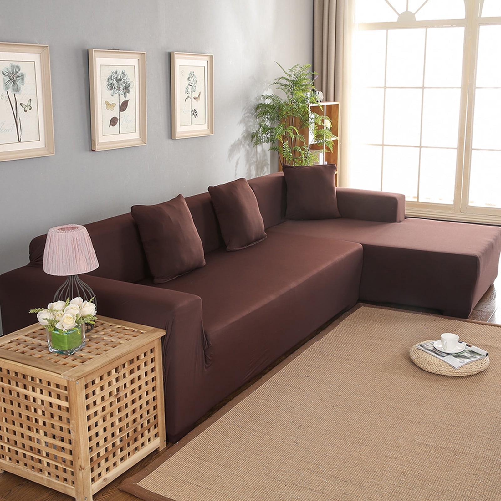 Couch Covers L Shape Sofa Covers Stretch 2pcs Sofa Slipcovers for 2 + 3 Seaters Sectional Chaise Slipcover for Pets Kids, Coffee