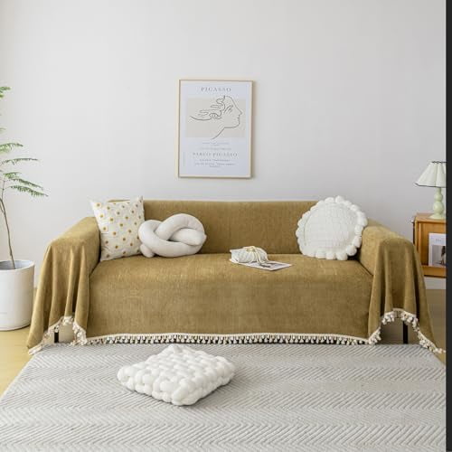 Couch Covers for Pets Boho Mustard Yellow Love Seat Couch Covers Brown Sofa Cover for Dogs Pet Couch Protector Chenille Tassel Sofa Slipcovers Sofa Throw Cover Boho Decor for Living Room