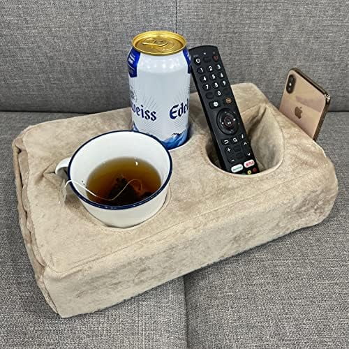 Couch Cup Holder Pillow, Couch Drinks Remotes Holder for Center of Couch, for Sofa, Bed, RV, Car (Beige)